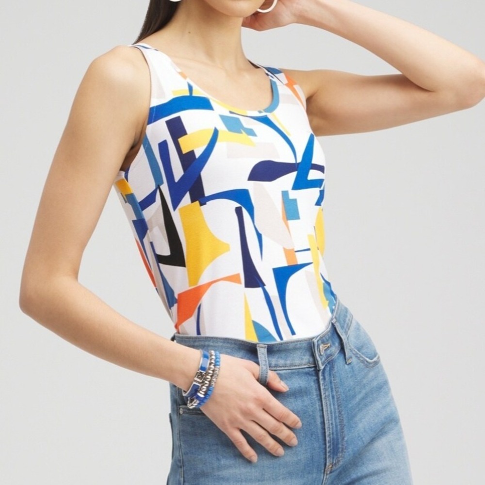 Chico's Abstract Print Tank Top Basic Knit Sleeveless‎ White Blue Sz 4/XXL